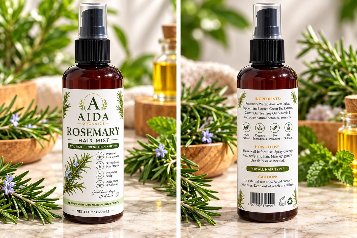 AIDA Organics Rosemary Hair Mist - front and back label