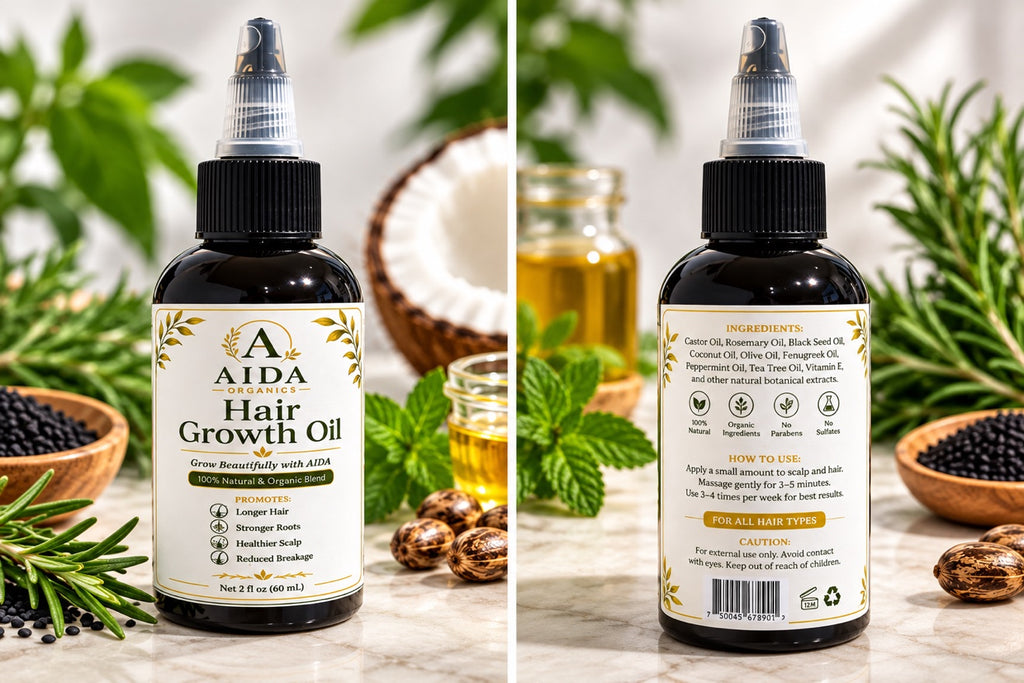 AIDA Organics Hair Growth Oil 2 oz - front and back label
